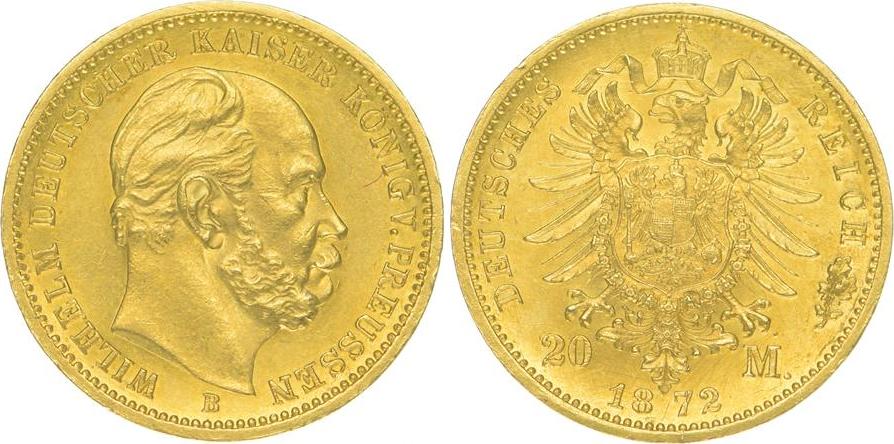 Preußen 20 Mark Gold 1872 B Wilhelm I. 1861-1888. UNC | MA-Shops