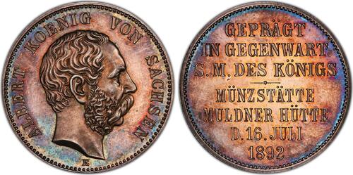 Sachsen 2 Mark 1892 E Albert 1873-1902. PCGS PR64. Schöne Tönung. Polierte Platte