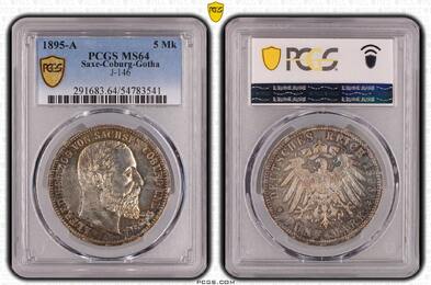 Sachsen-Coburg-Gotha 5 Mark 1895 A Alfred 1893-1900. PCGS MS64