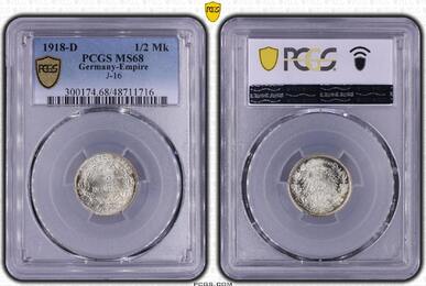 Kleinmünzen 1/2 Mark 1918 D PCGS MS68