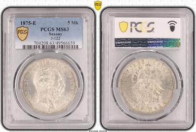 Sachsen 5 Mark 1875 E Albert 1873-1902. PCGS MS63