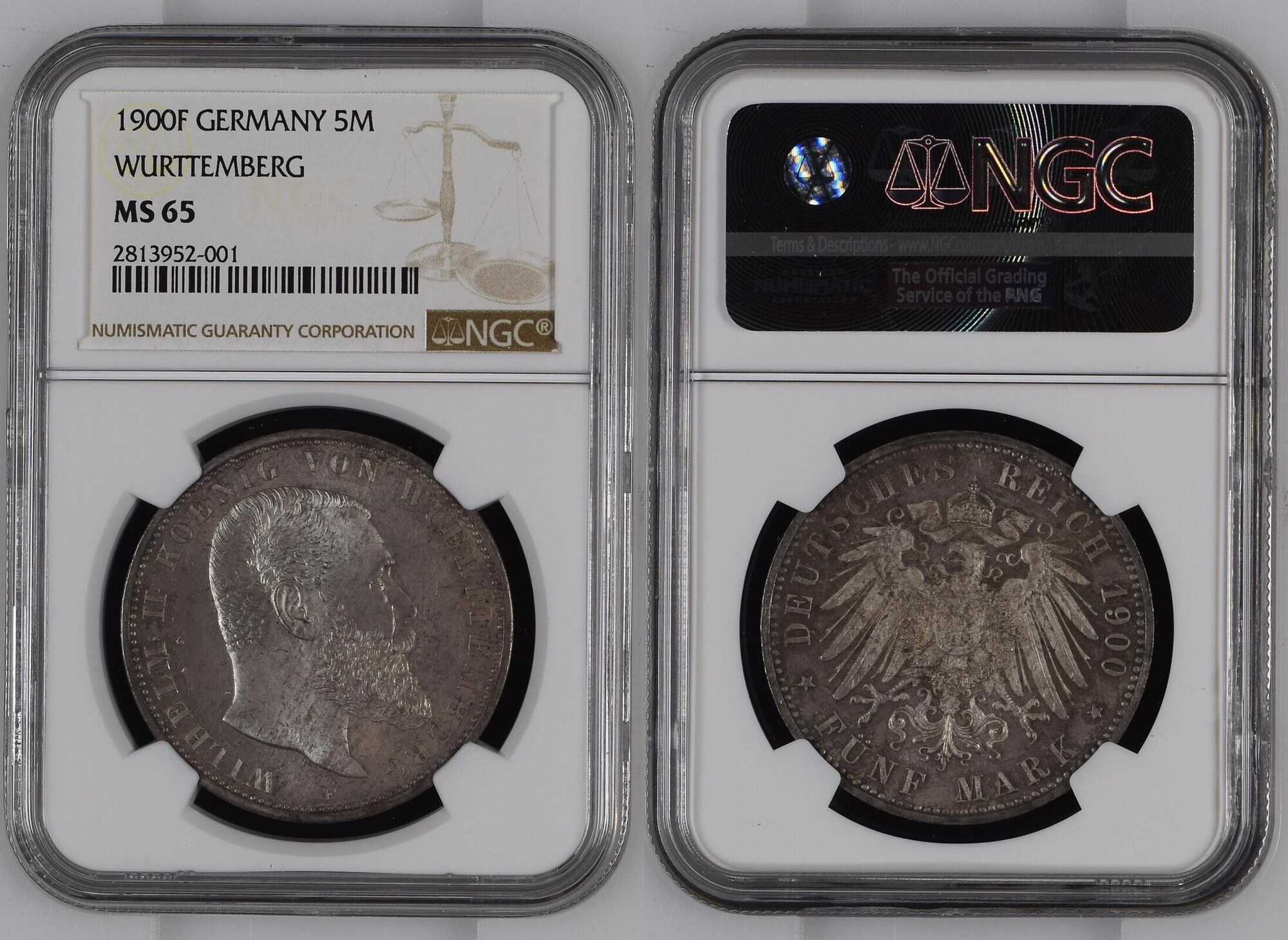 Württemberg 5 Mark 1900 F Wilhelm II. 1891-1918. NGC MS65