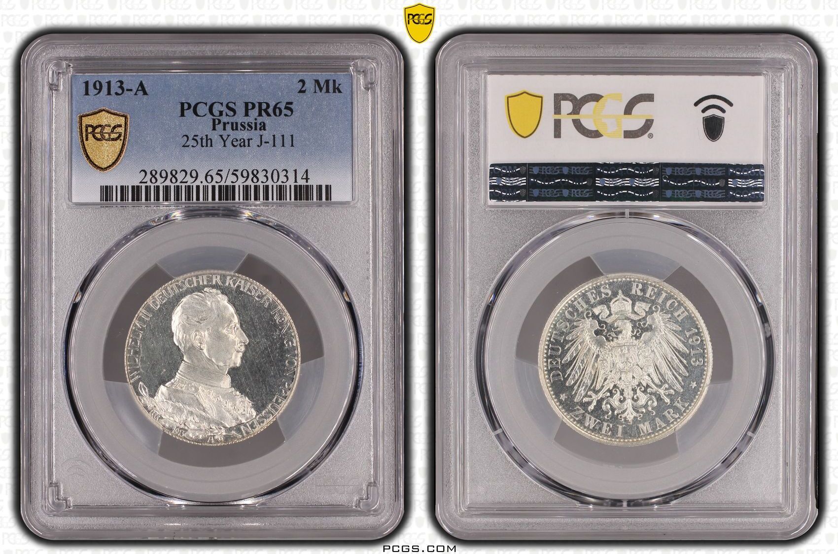 1913年 ドイツ　2マルク PCGS MS65 Preußen 2 Mark 1913 A Wilhelm II. 1888-1918. PCGS PR65 | MA