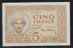 MADAGASIKARA/MADAGASCAR 5 Francs Kopf von JUNO,Königin der Götter.Tête de JUNO Reine des dieux. Alphabet: P.3022 -
