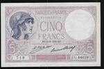 FRANCE . 5 Francs Femme casquée. Frau mit Helm.Violet. Alphabet: G.44639 . -