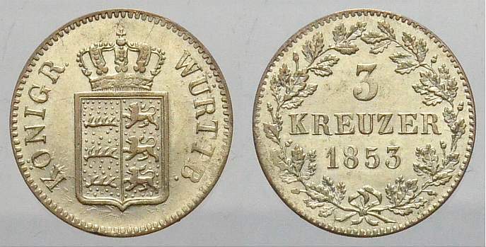 その他 Imperial: 3. Auflage mit zusatzlichen Krediten wgteh8f Württemberg 3 Kreuzer 1853 Wilhelm I. 1816-1864. CH UNC | MA-Shops