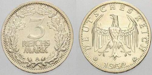 Weimarer Republik 3 Reichsmark 1932 A CH UNC