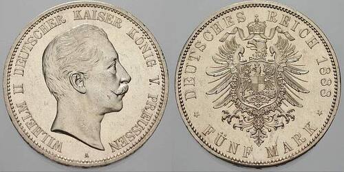 Preußen 5 Mark 1888 A Wilhelm II. 1888-1918. Min. Randfehler, min. berieben, Prägeglanz, EF