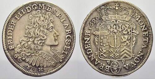 Brandenburg-Preußen 2/3 Taler 1690 BH Friedrich III. 1688-1701. VF+