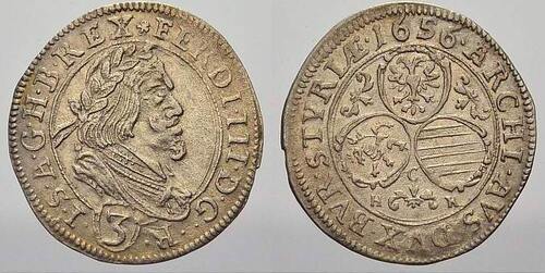 Haus Habsburg 3 Kreuzer 1656 Ferdinand III. 1637-1657. Von größter Seltenheit. Vorzüglich-Stempelgla
