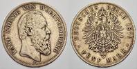 Württemberg 5 Mark Karl 1864-1891. -