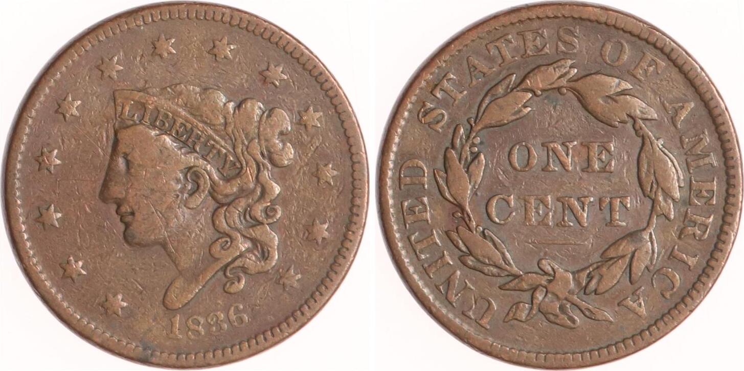 USA One Cent 1836 Coronet. VF | MA-Shops