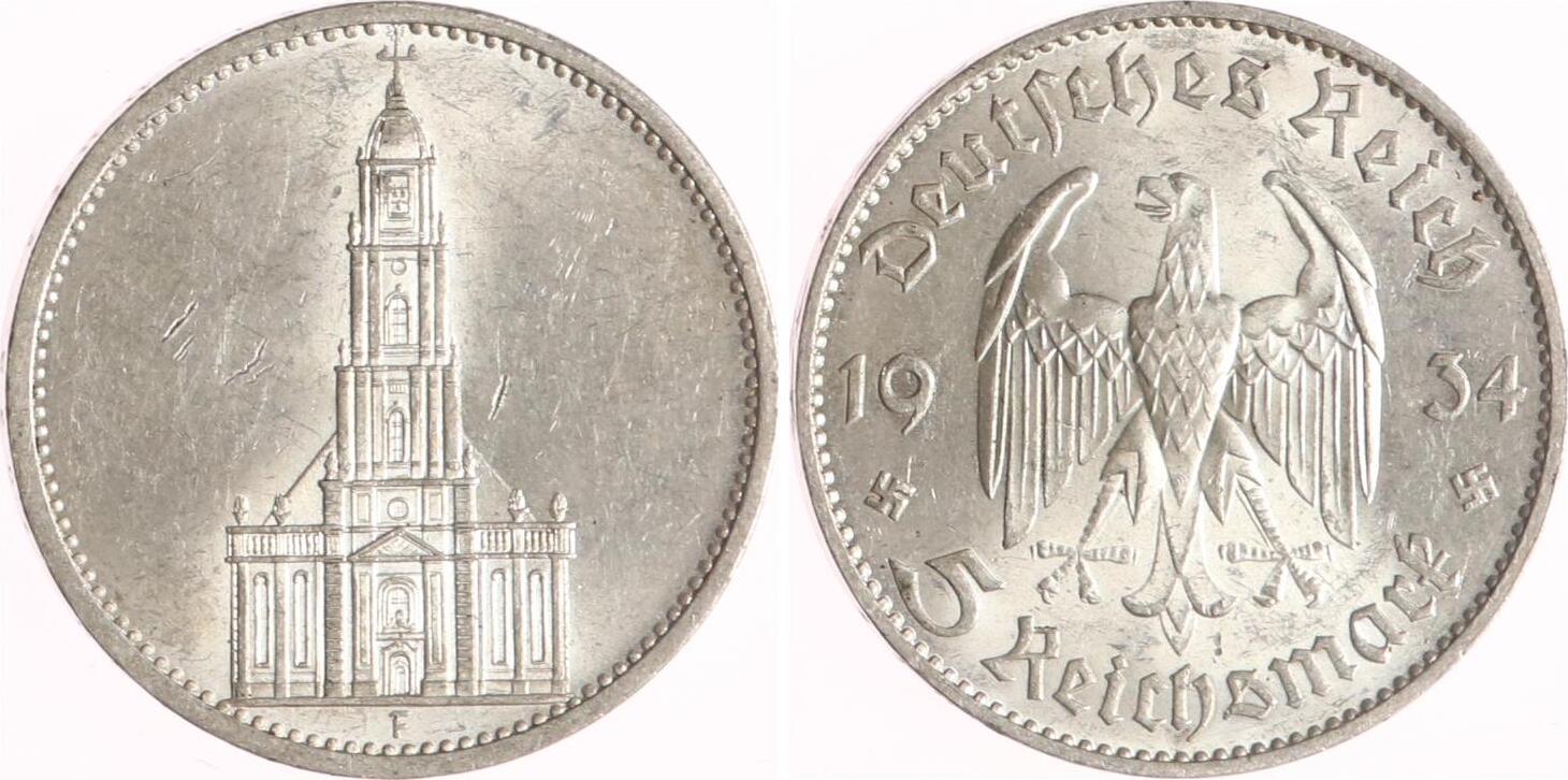 Drittes Reich 5 Reichsmark 1934 F Garnisonkirche ohne Datum AU, Kratzer ...