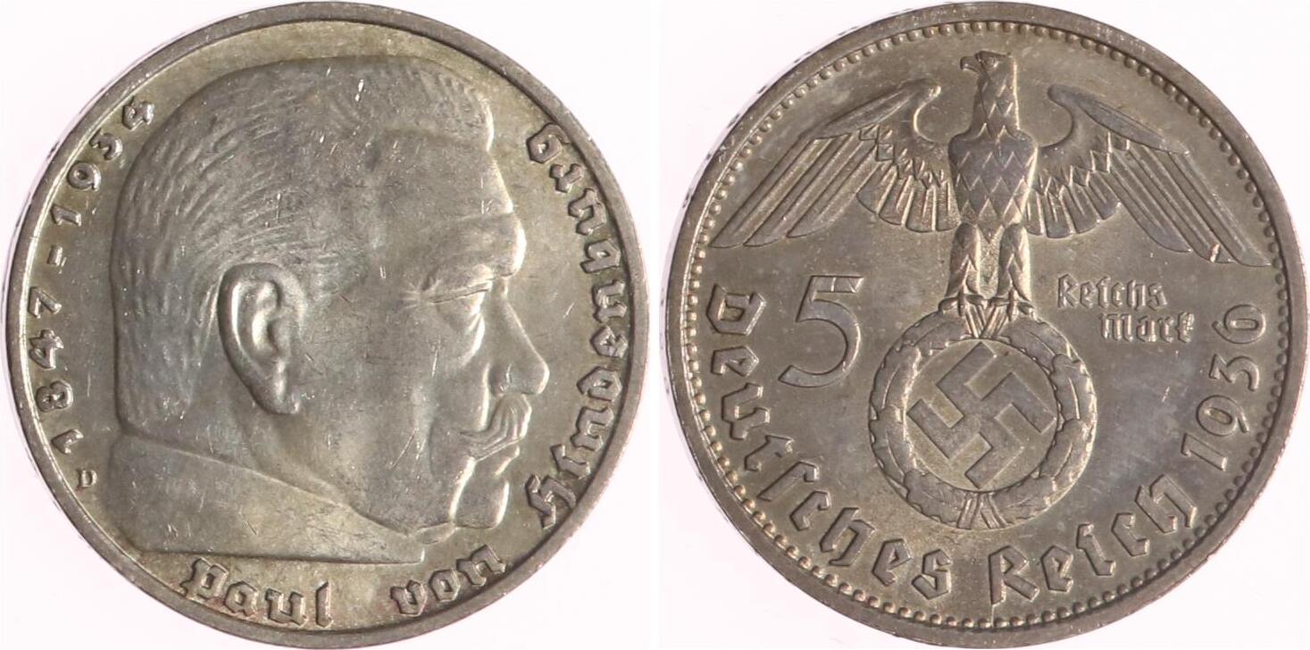 Was Sind 5 Reichsmark Wert Mit Hakenkreuz Drittes Reich 5 Reichsmark 1936 D Paul von Hindenburg - mit Hakenkreuz