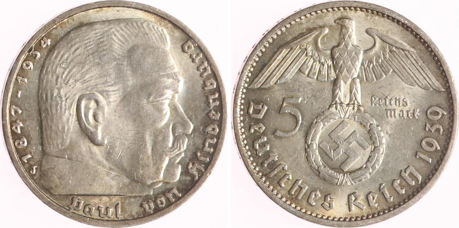 Was Sind 5 Reichsmark Wert Mit Hakenkreuz Drittes Reich 5 Reichsmark 1939 J Paul von Hindenburg - mit Hakenkreuz