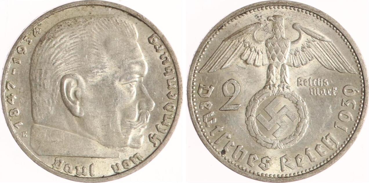 Drittes Reich 2 Reichsmark 1939 E Paul von Hindenburg. EF MA Shops