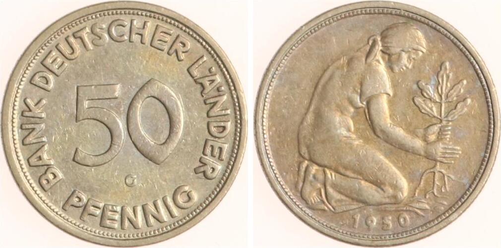 50 Pfennig Bank Deutscher Länder Ohne Jahreszahl Bundesrepublik Deutschland 50 Pfennig 1950 G Bank Deutscher Länder. VF