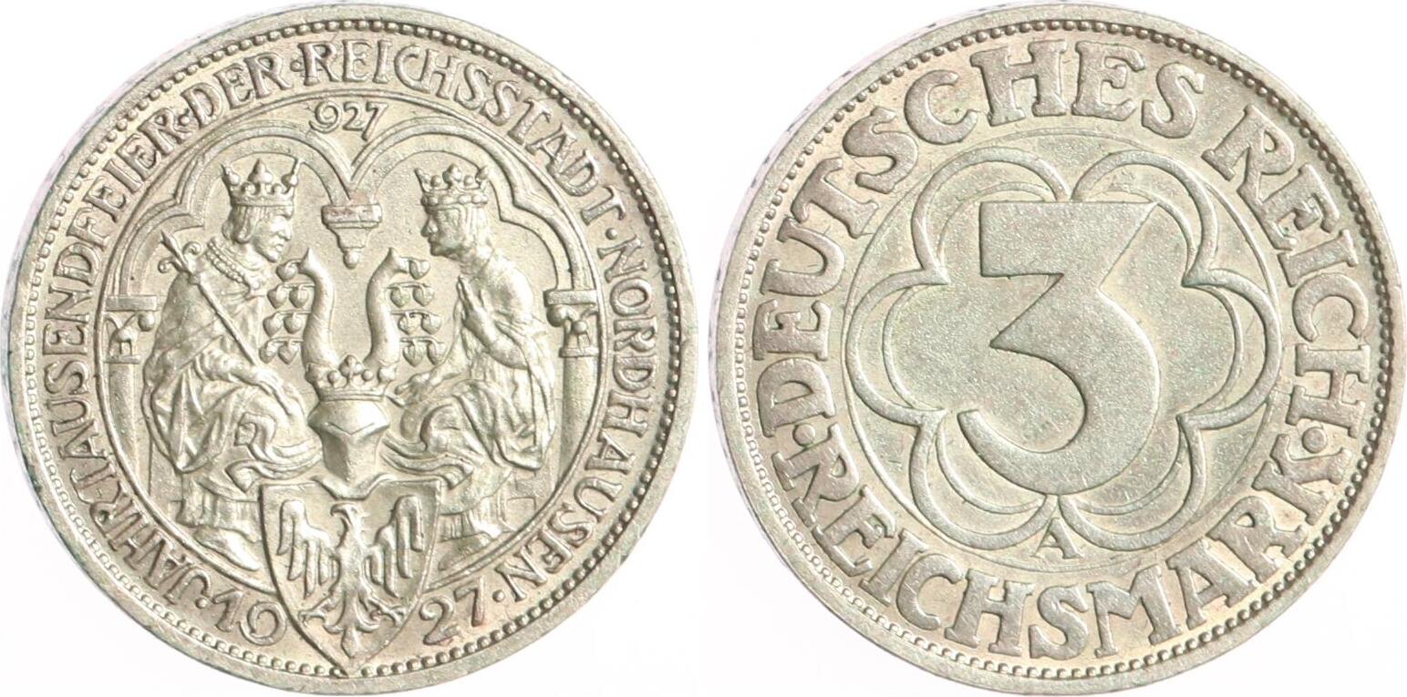 Weimarer Republik 3 Reichsmark 1927 A Nordhausen. VF-EF | MA
