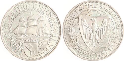 Weimarer Republik 5 Reichsmark 1927 A Bremerhaven. EF