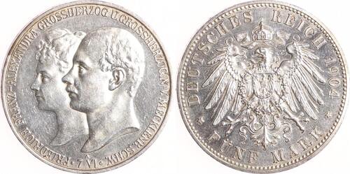 Mecklenburg-Schwerin 5 Mark 1904 A Friedrich Franz IV. 1897-1918. EF