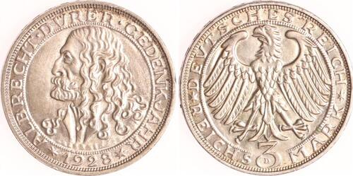 Weimarer Republik 3 Reichsmark 1928 D Dürer. EF
