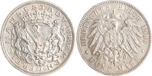 Bremen 5 Mark 1906 J VF-EF