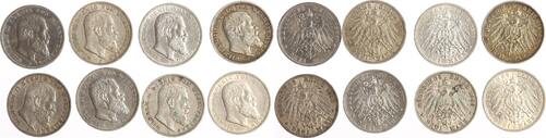 Württemberg 8 x 3 Mark Wilhelm II. 1891-1918. sehr schön, VF-EF