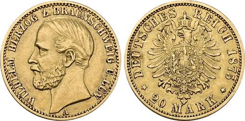Braunschweig 20 Mark 1875 A Wilhelm 1830-1884. VF-EF