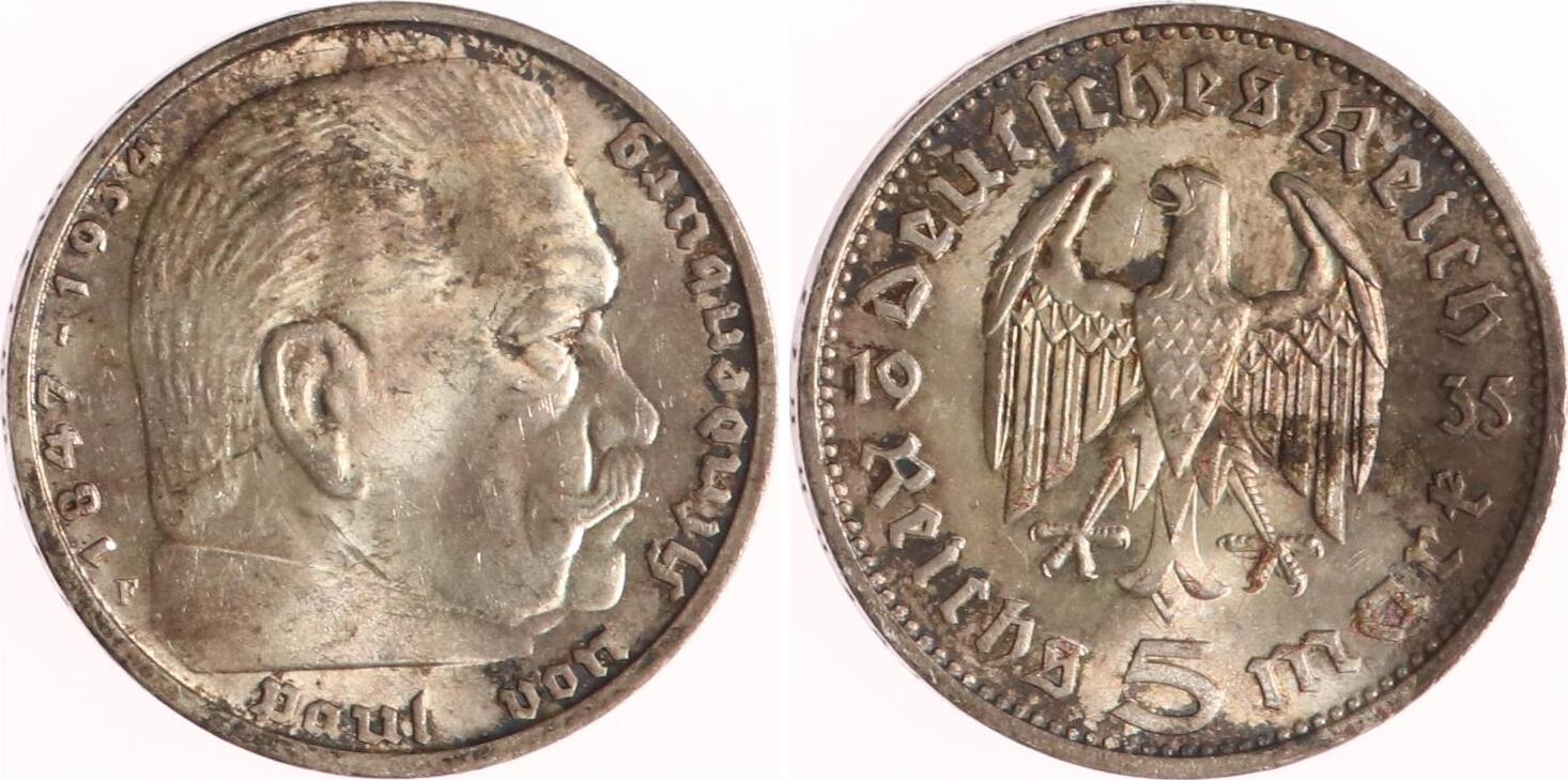 Drittes Reich 5 Reichsmark 1935 F Paul von Hindenburg - ohne Hakenkreuz