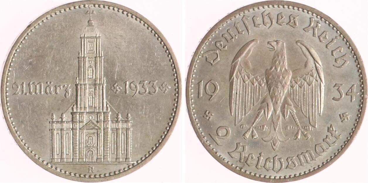 Drittes Reich 2 Reichsmark 1934 A Garnisonkirche mit Datum. AU | MA-Shops