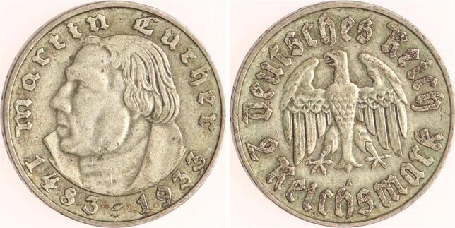 Drittes Reich 2 Reichsmark 1933 A Martin Luther. Vf 