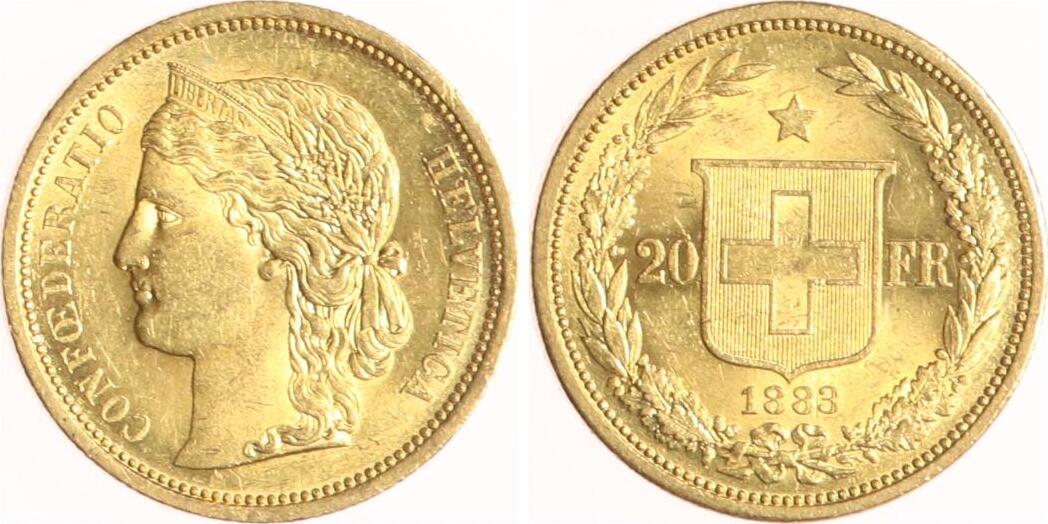 Schweiz 20 Franken 1883 Vreneli UNC MA Shops