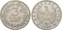 Weimarer Republik 3 Reichsmark 1931 J Umlaufmünze. EF