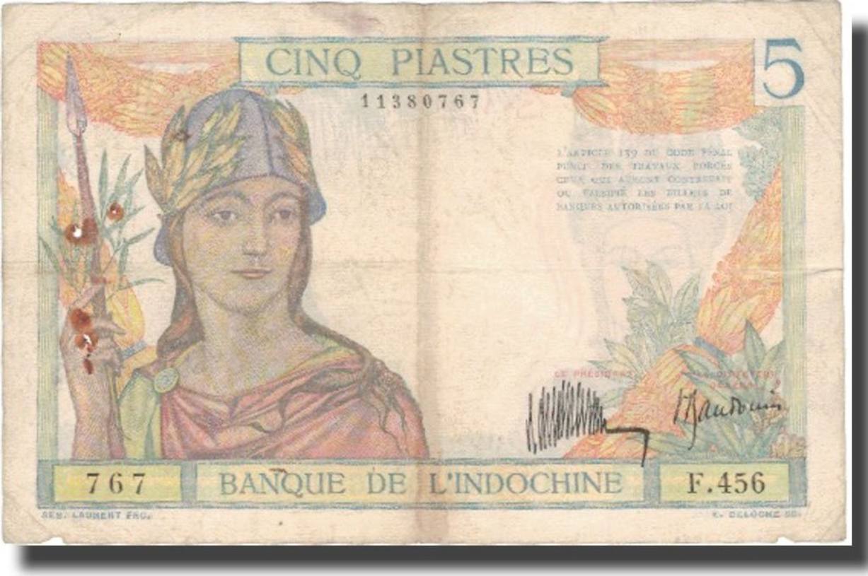 FRENCH INDO-CHINA 5 Piastres Banknote, Undated (1936), KM:55b VF(30-35