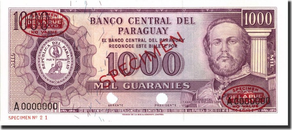 Paraguay 1000 Guaranies 1952 Banknote, Specimen Tdlr, Km:201s Unc(65-70 