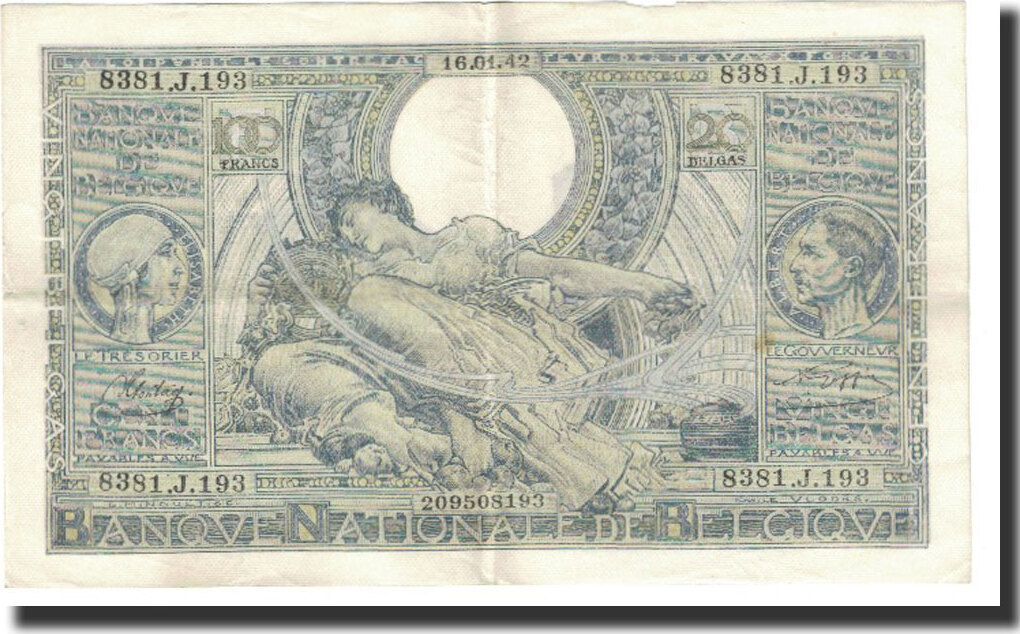 Belgium 100 Francs-20 Belgas 1942 Banknote, 1942-01-16, KM:107 EF(40-45 ...