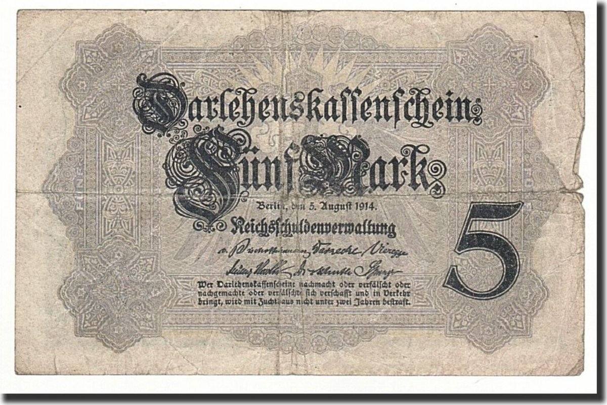 Germany 5 Mark Banknote, 1914-08-05, KM:47c F(12-15)