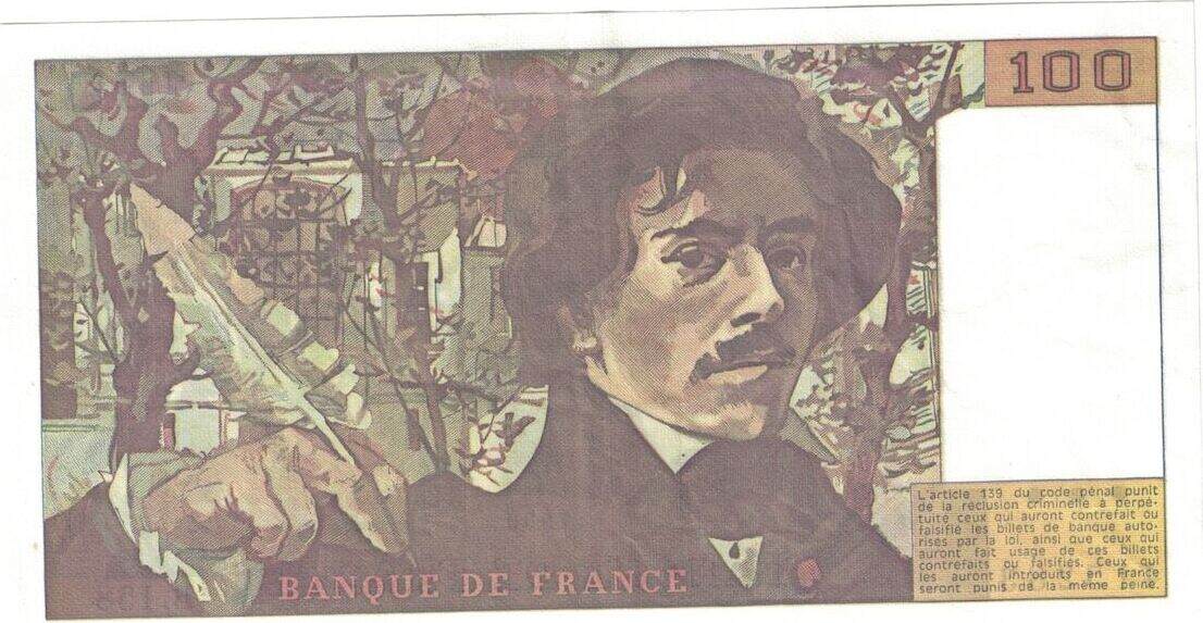 France 100 Francs 1990 Delacroix, B.158, Fayette:69bis.2b, KM:154e UNC ...