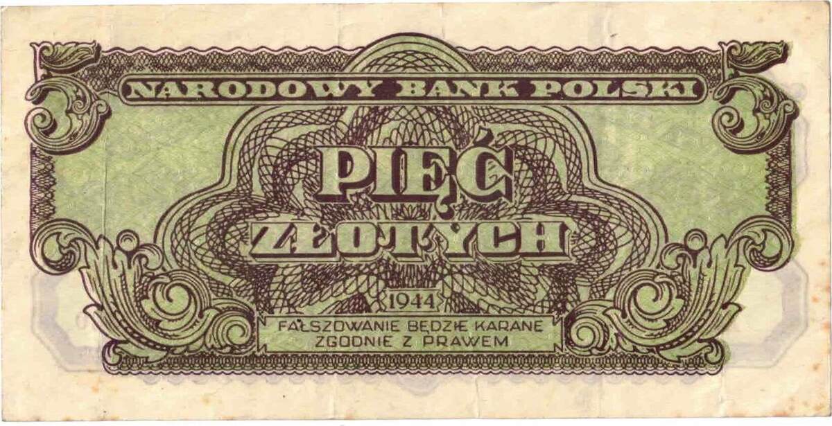 Poland 5 Zlotych 1944 Banknote, KM:109a AU(55-58) | MA-Shops