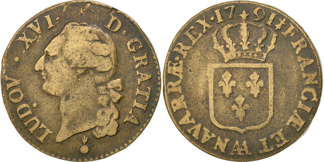 France 1791 AA Coin, Louis XVI, Sol ou sou, Metz, Copper VF(30-35) | MA