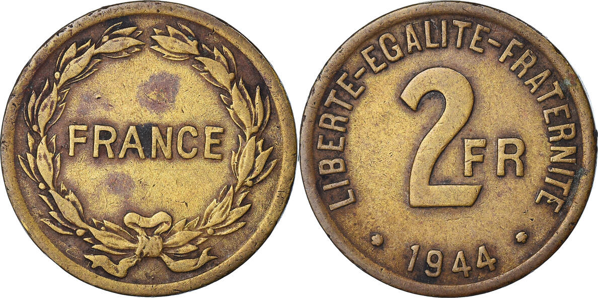 2 Francs 1944 Philadelphia Coin, France Libre, Philadelphia, Brass EF ...