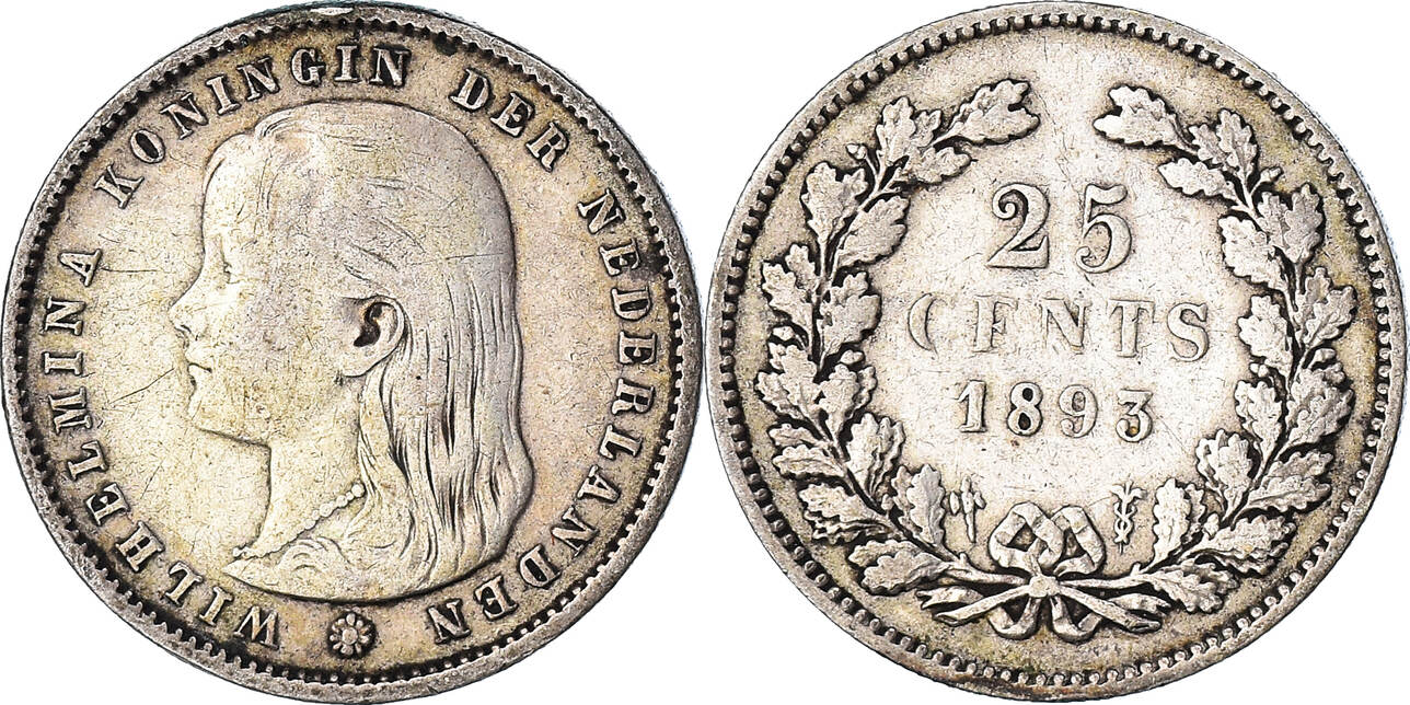 Netherlands 25 Cents 1893 Coin, Wilhelmina I, Silver, KM:115 VF(30-35) |  MA-Shops