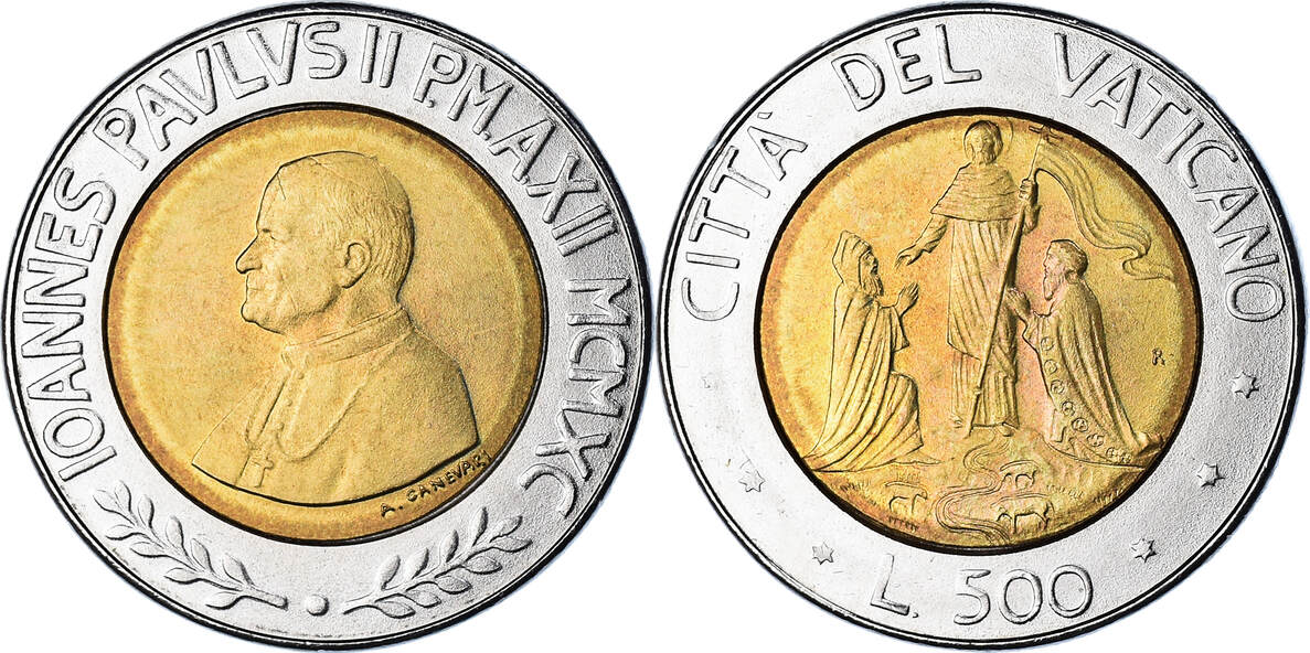 VATICAN CITY 500 Lire 1990 Coin, John Paul II, FDC, Bi-Metallic MS(65 ...