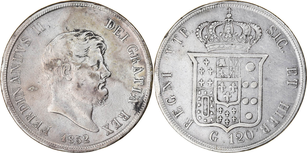 ITALIAN STATES 120 Grana 1852 Coin, NAPLES, Ferdinando II, Silver EF(40
