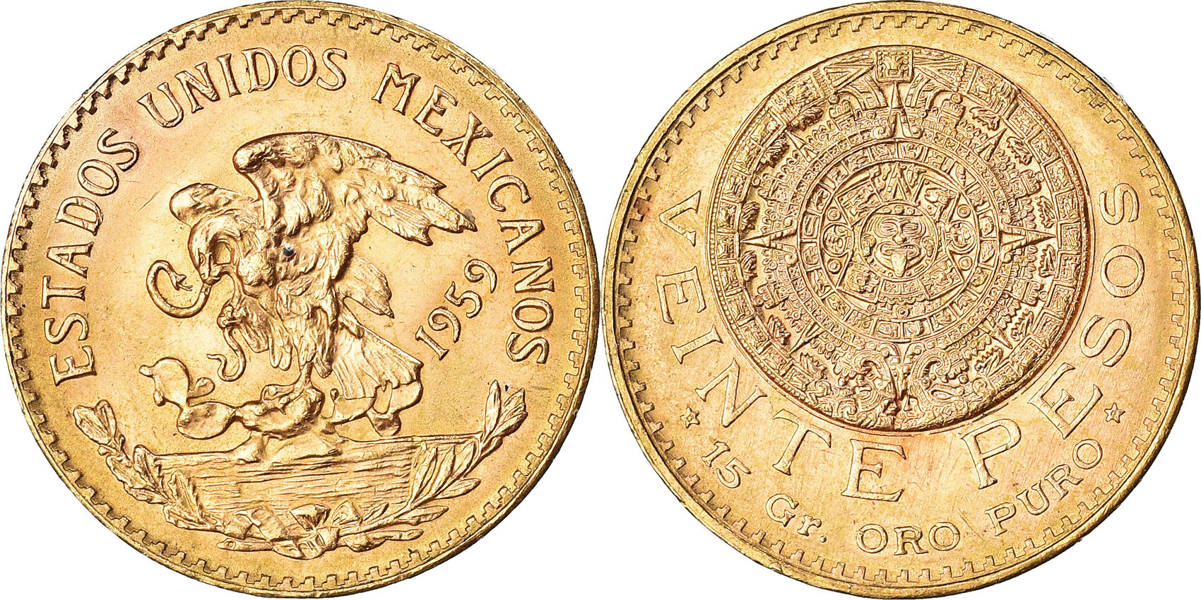 20 Pesos 1959 Mexico City Coin, Mexico City, Gold, KM478 AU(5558