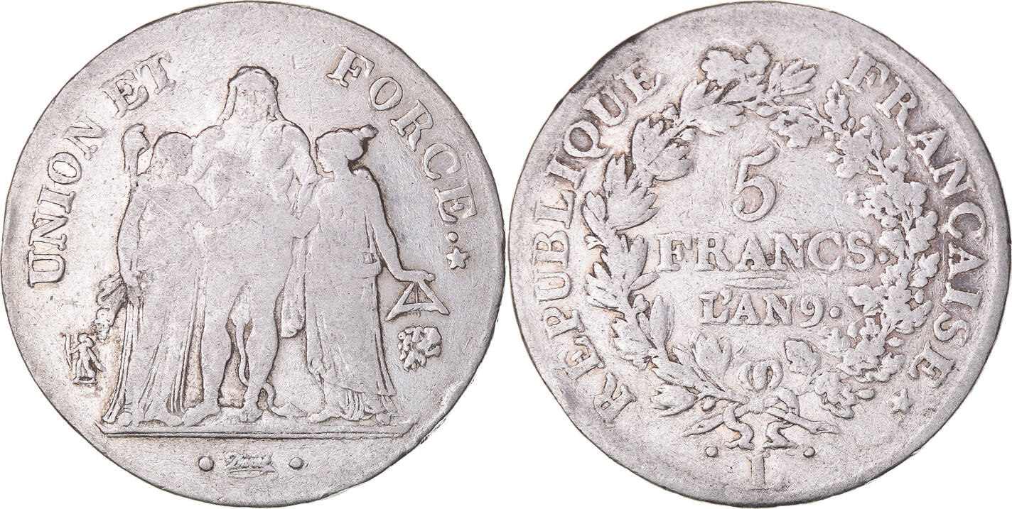 France 5 Francs An 9 1801 L Coin Union Et Force Bayonne Silver Vf