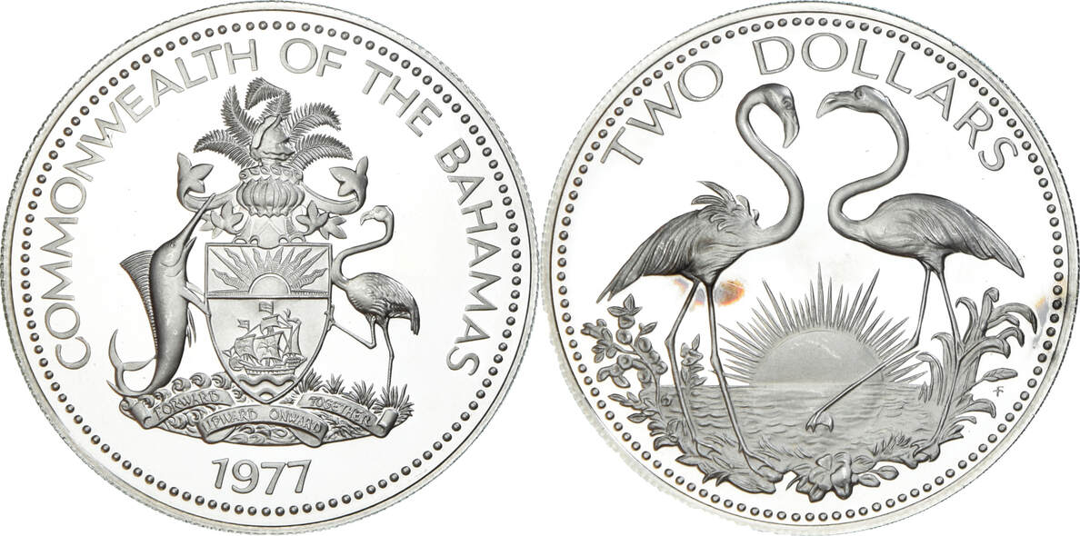 Bahamas 2 Dollars 1977 FM Coin, Elizabeth II, Franklin Mint, U.S.A
