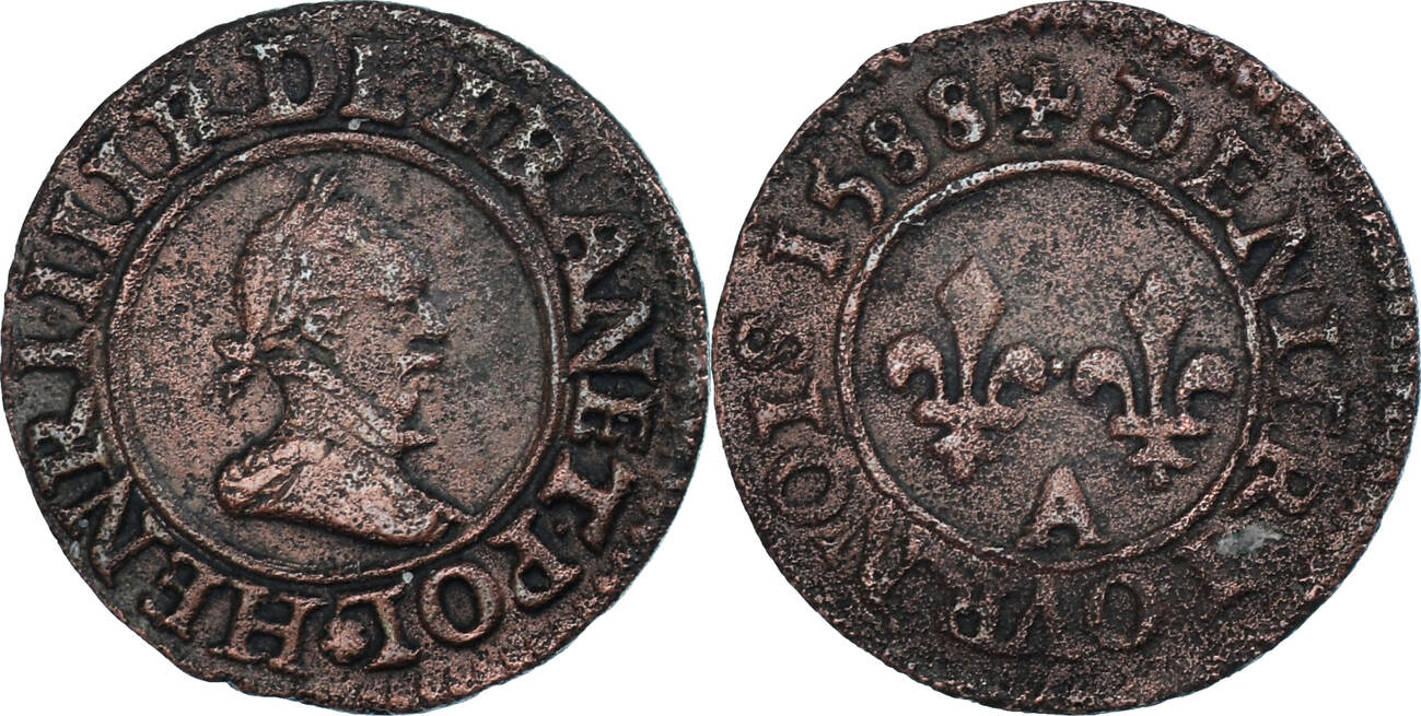 France Denier Tournois 1588 Paris Coin, Henri III, Paris, Copper EF(40 ...