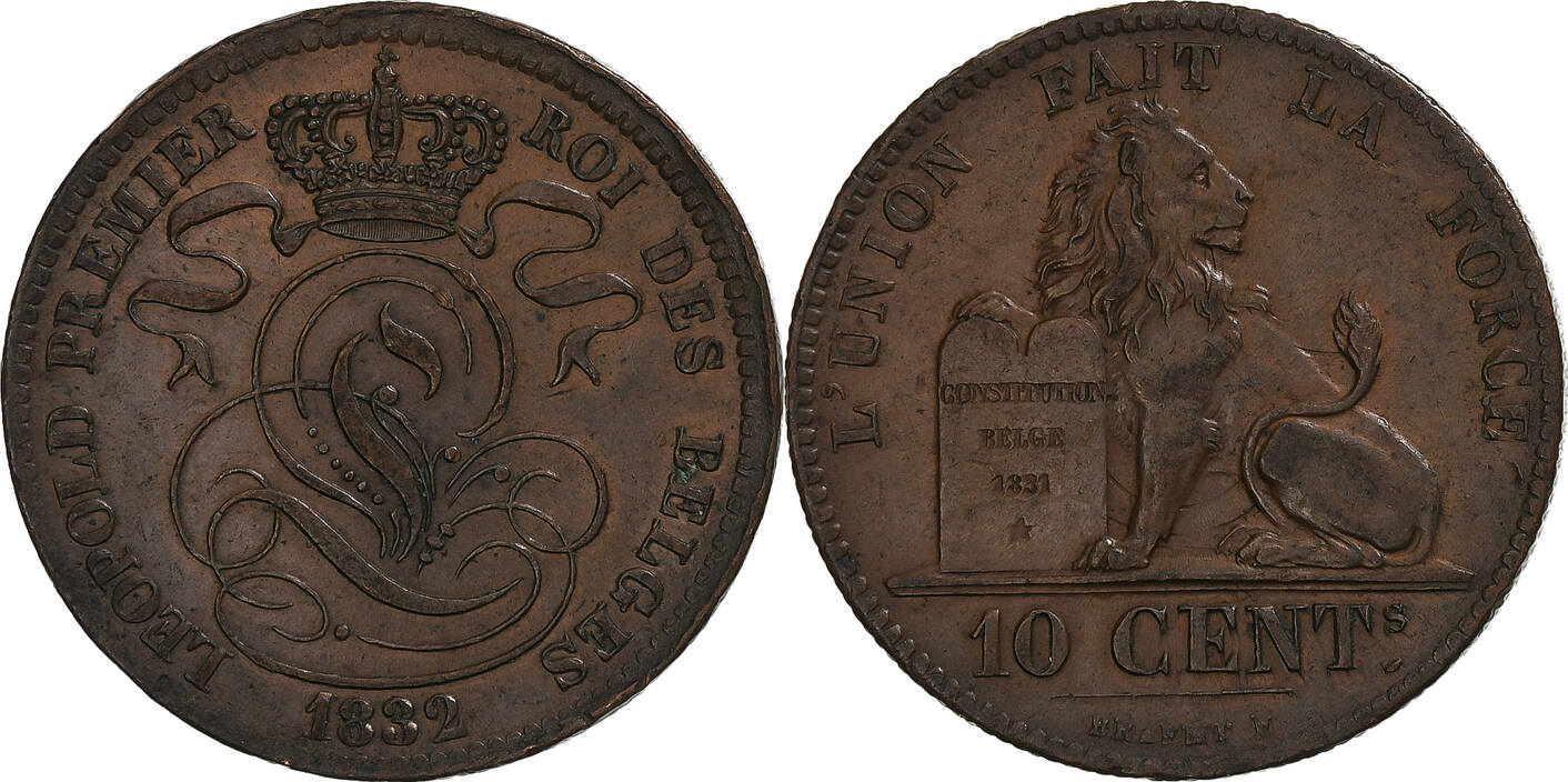 Belgium 10 Centimes 1832 Brussels Coin Leopold I Brussels Copper Km