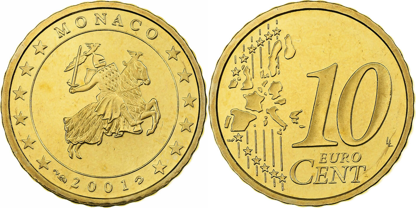 Monaco 10 Euro Cent 2001 (a) Rainier III, Proof  BE, Paris, Brass  MS(65-70) Русские монеты из драгоценных